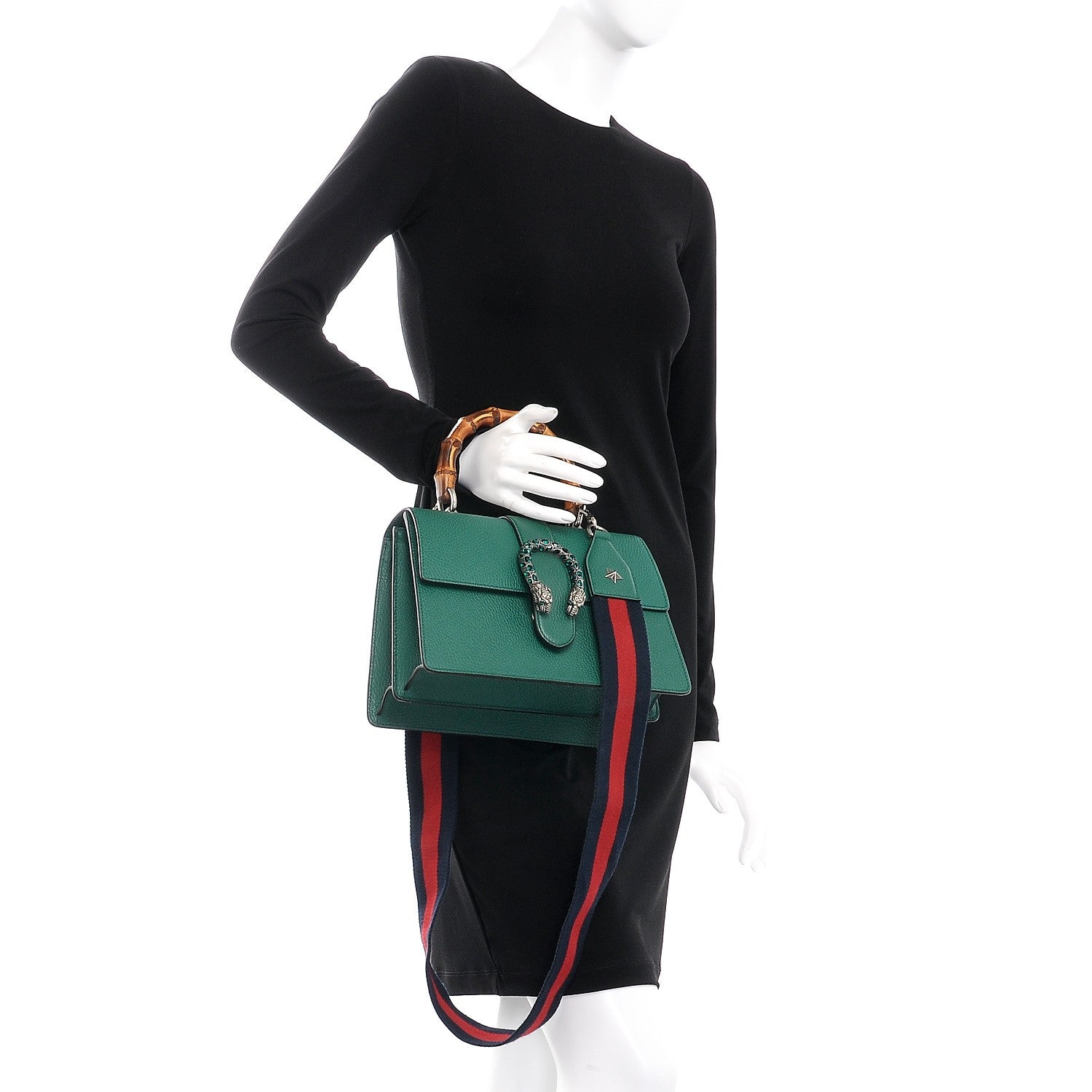 Gucci Dollar Calfskin Crystal Web Medium Dionysus Bamboo Top Handle Bag Emerald 3 of 9