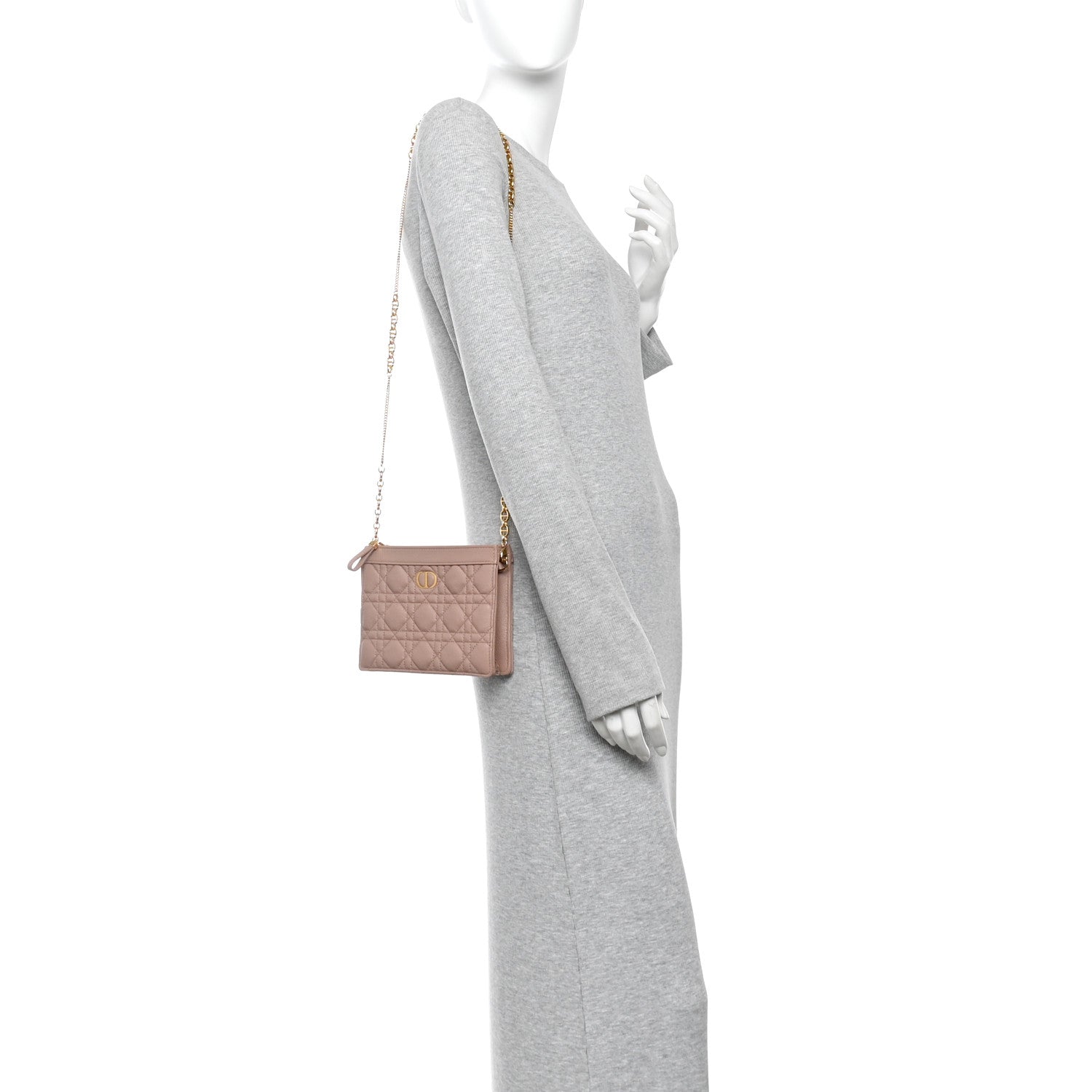 Christian Dior Calfskin Cannage Caro Zipped Pouch With Chain Rose Des Vents 2 of 11