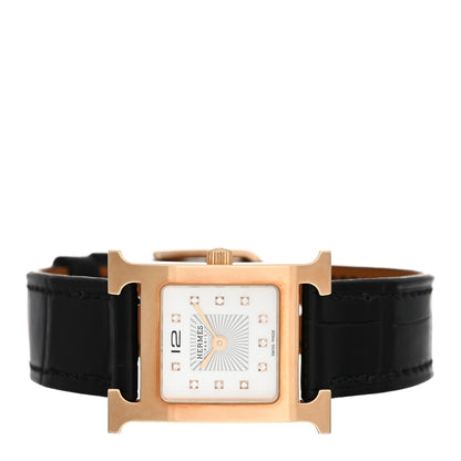 Hermes Stainless Steel Alligator Diamond Mother of Pearl 21mm Heure H Hour Quartz Watch Noir 2 of 5