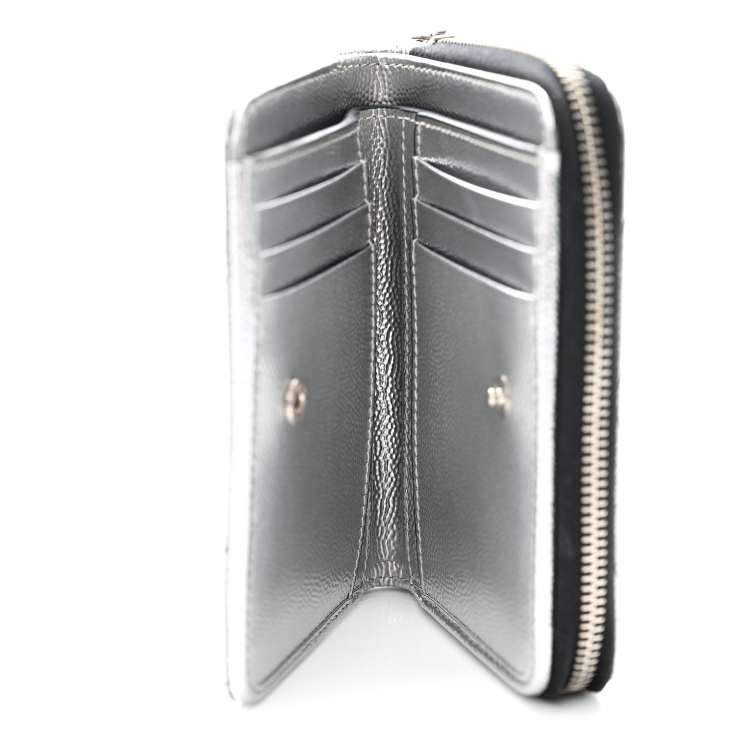 Metallic Grain De Poudre Matelasse Chevron Monogram Compact Zip Around Wallet Silver