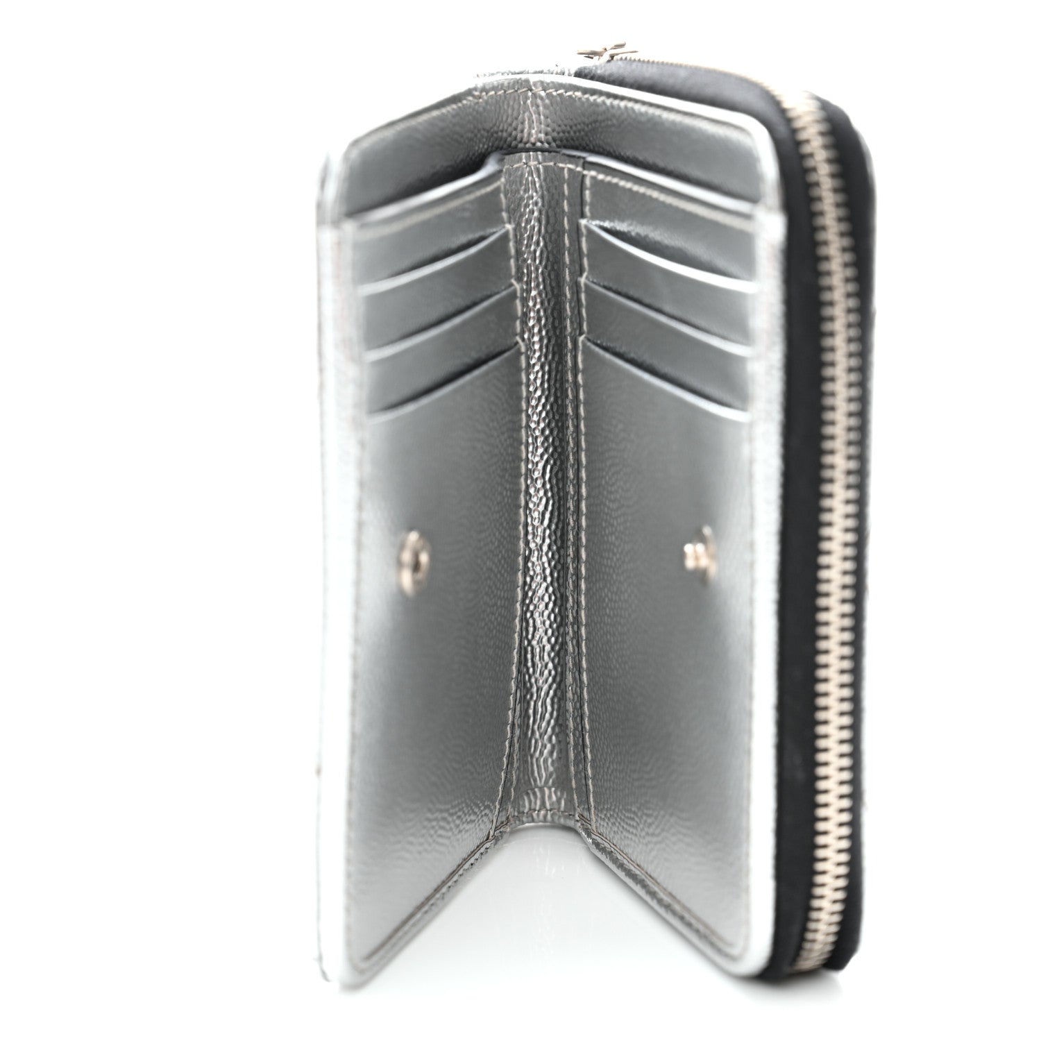 Saint Laurent Metallic Grain De Poudre Matelasse Chevron Monogram Compact Zip Around Wallet Silver 6 of 7