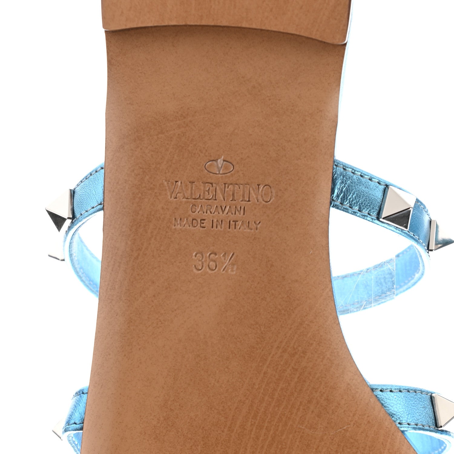 Valentino Garavani Metallic Nappa Rockstud Caged Flat Slide Sandals 36.5 Cerulean 6 of 8