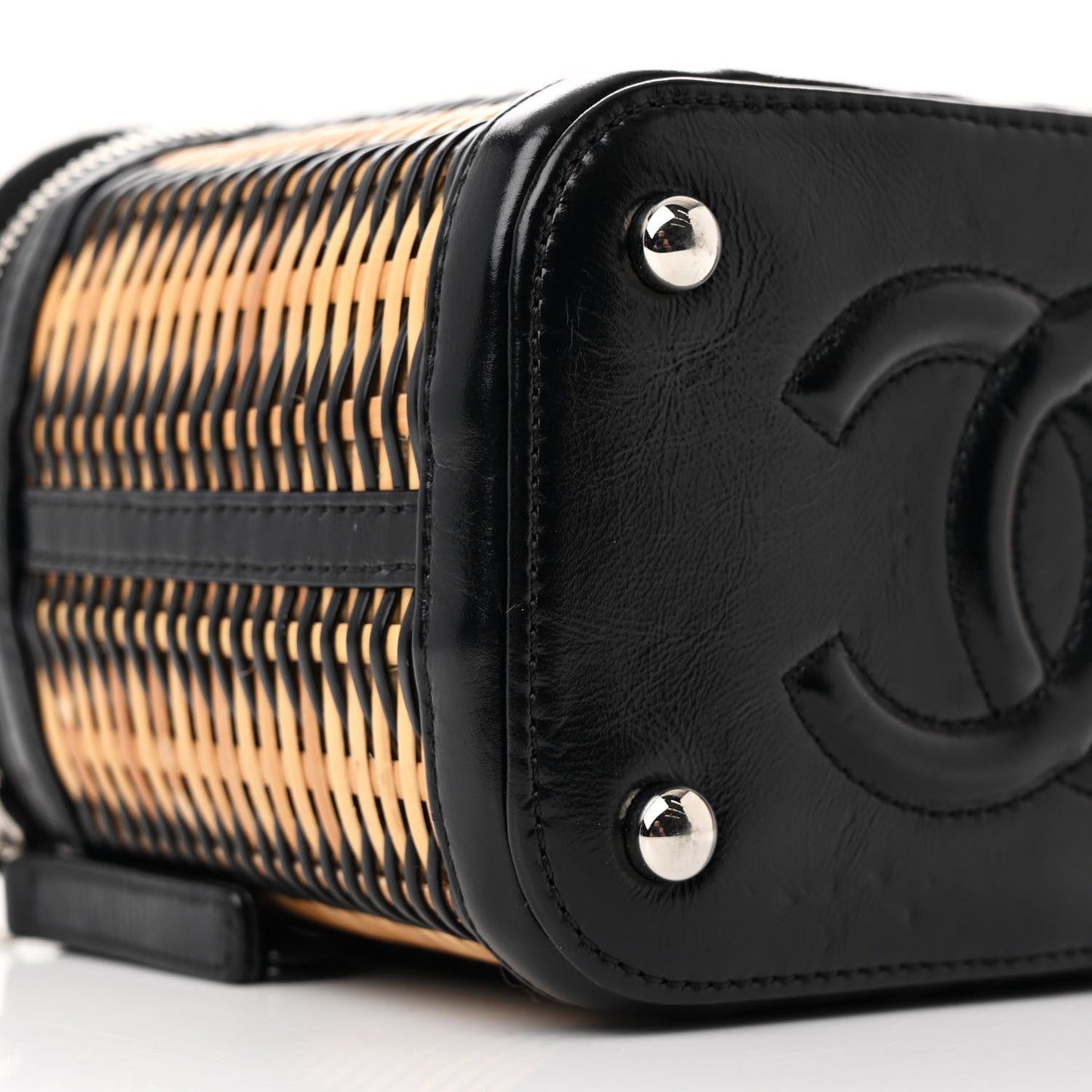 Calfskin Raffia Small Vanity Case Bag Black Beige