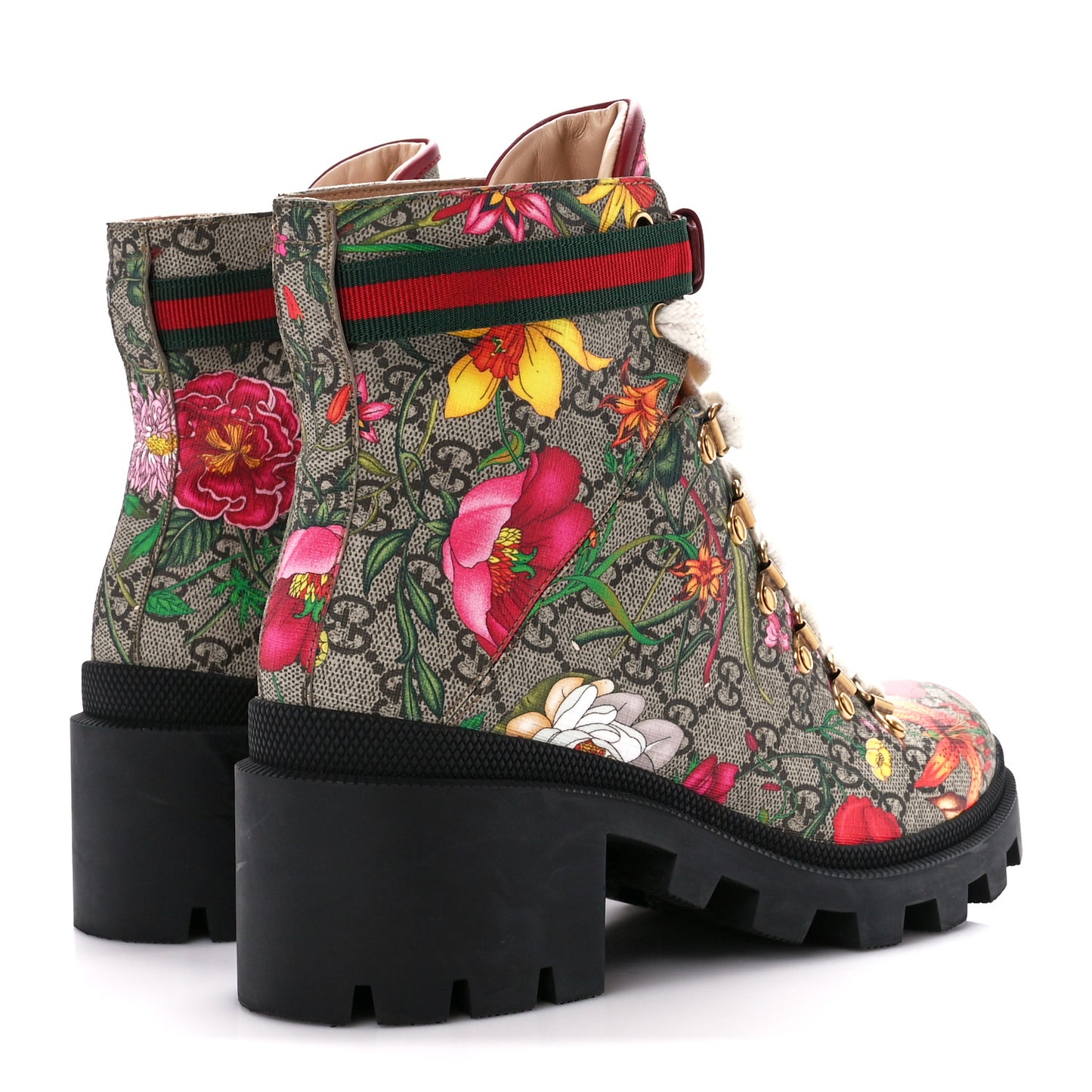 GG Supreme Monogram Flora Lace Up Combat Ankle Boots 39 Beige Multicolor Red