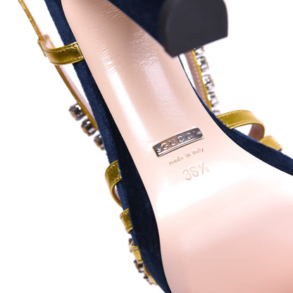 Gucci Velvet Nappa Crystal Zephyra Slingback Platform High Heel Sandals 36.5 Blue Gold 9 of 10