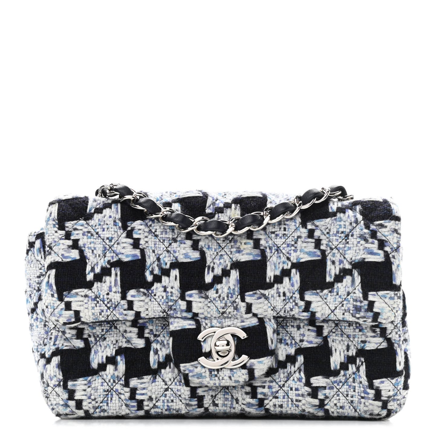 Tweed Quilted Mini Rectangular Flap Black White Light Blue