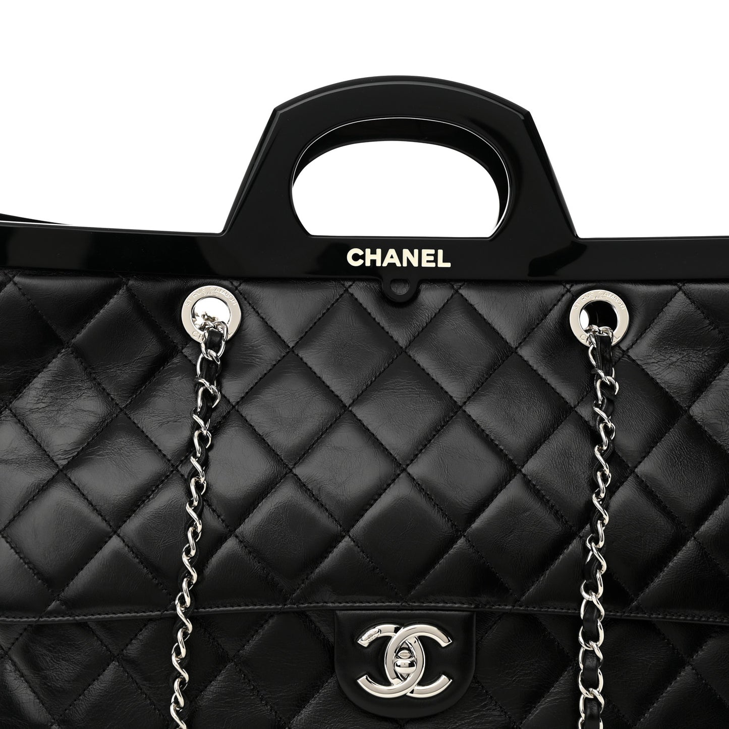 Glazed Calfskin Quilted Large CC Delivery Tote Black