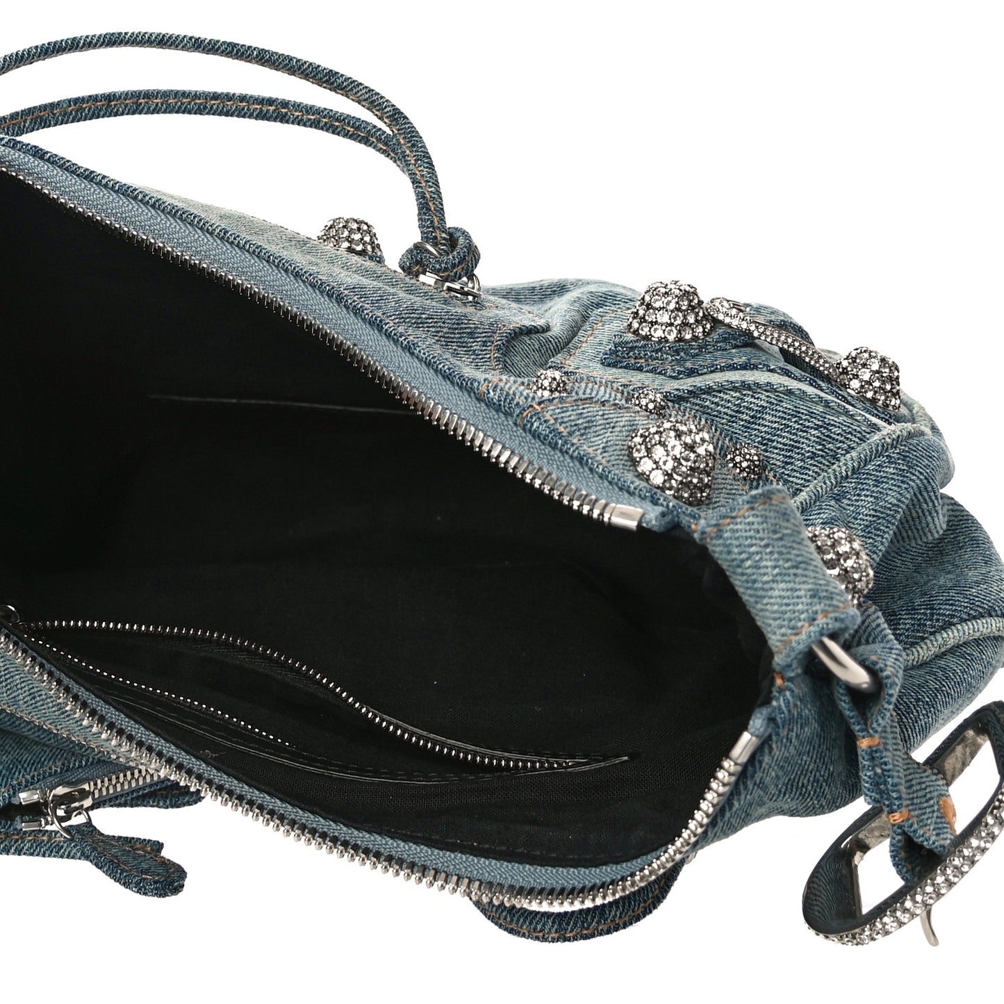 Washed Frayed Denim Crystal Small Le Cagole Shoulder Bag Blue