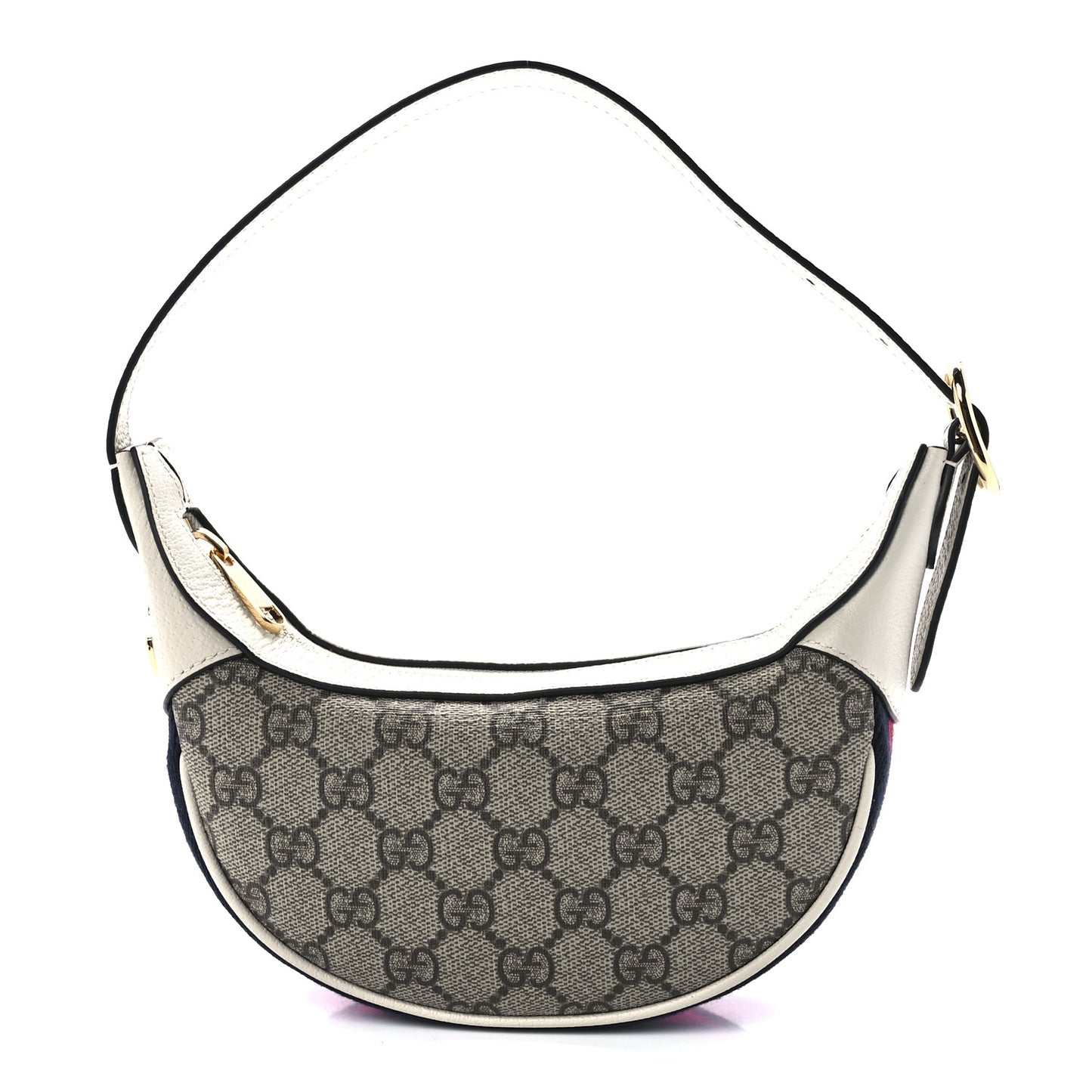 GG Supreme Monogram Textured Dollar Calfskin Web Mini Ophidia Half Moon Hobo Beige Ebony Mystic White