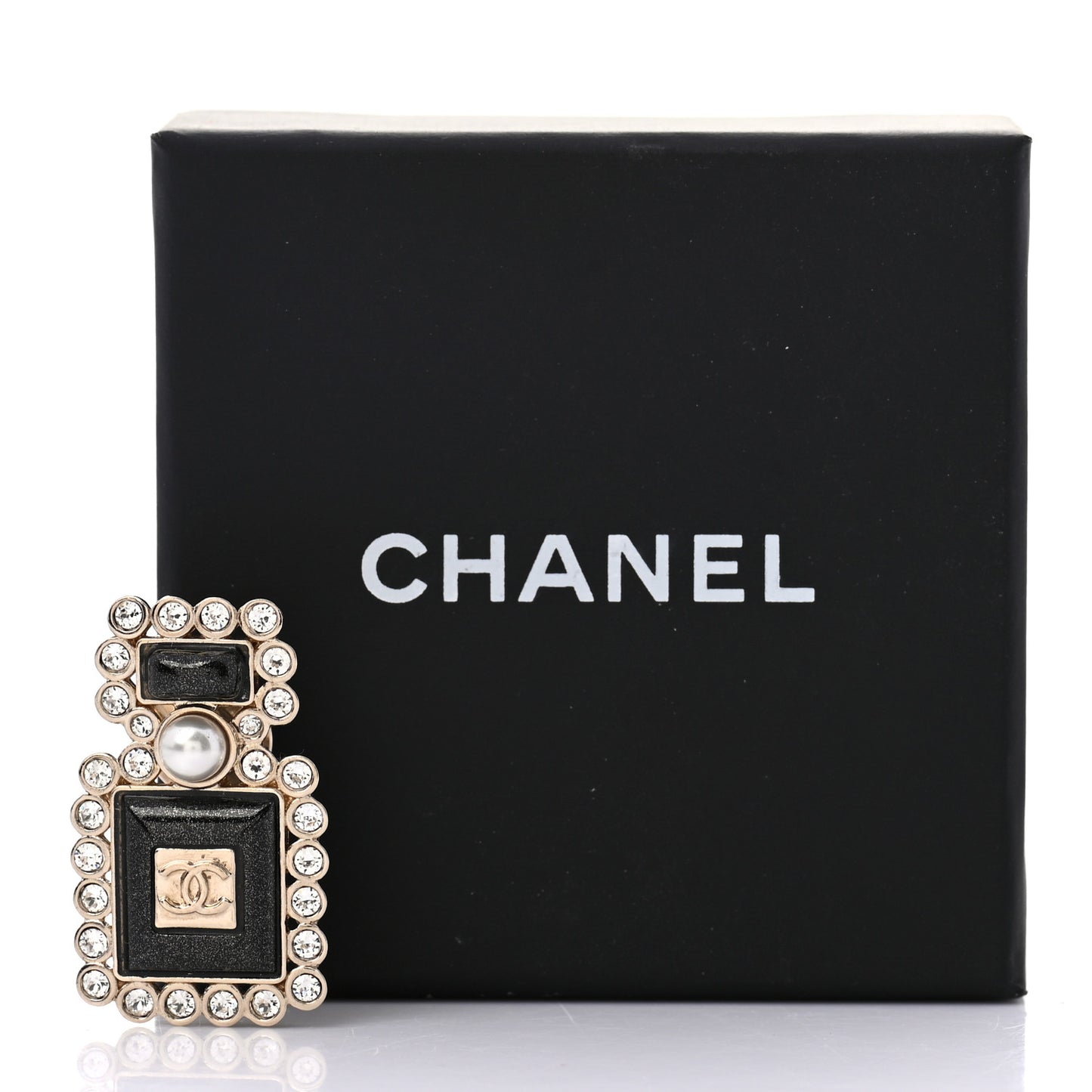 Resin Crystal Pearl Perfume Bottle CC Brooch Black Gold