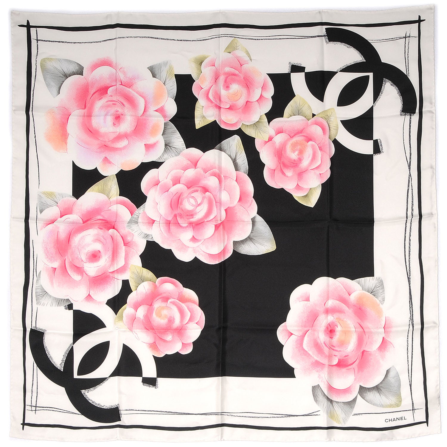 Chanel Silk Camellia Flower Scarf Black Pink 2 of 5