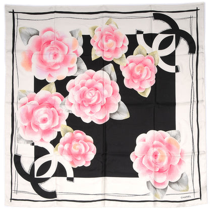 Chanel Silk Camellia Flower Scarf Black Pink 2 of 5