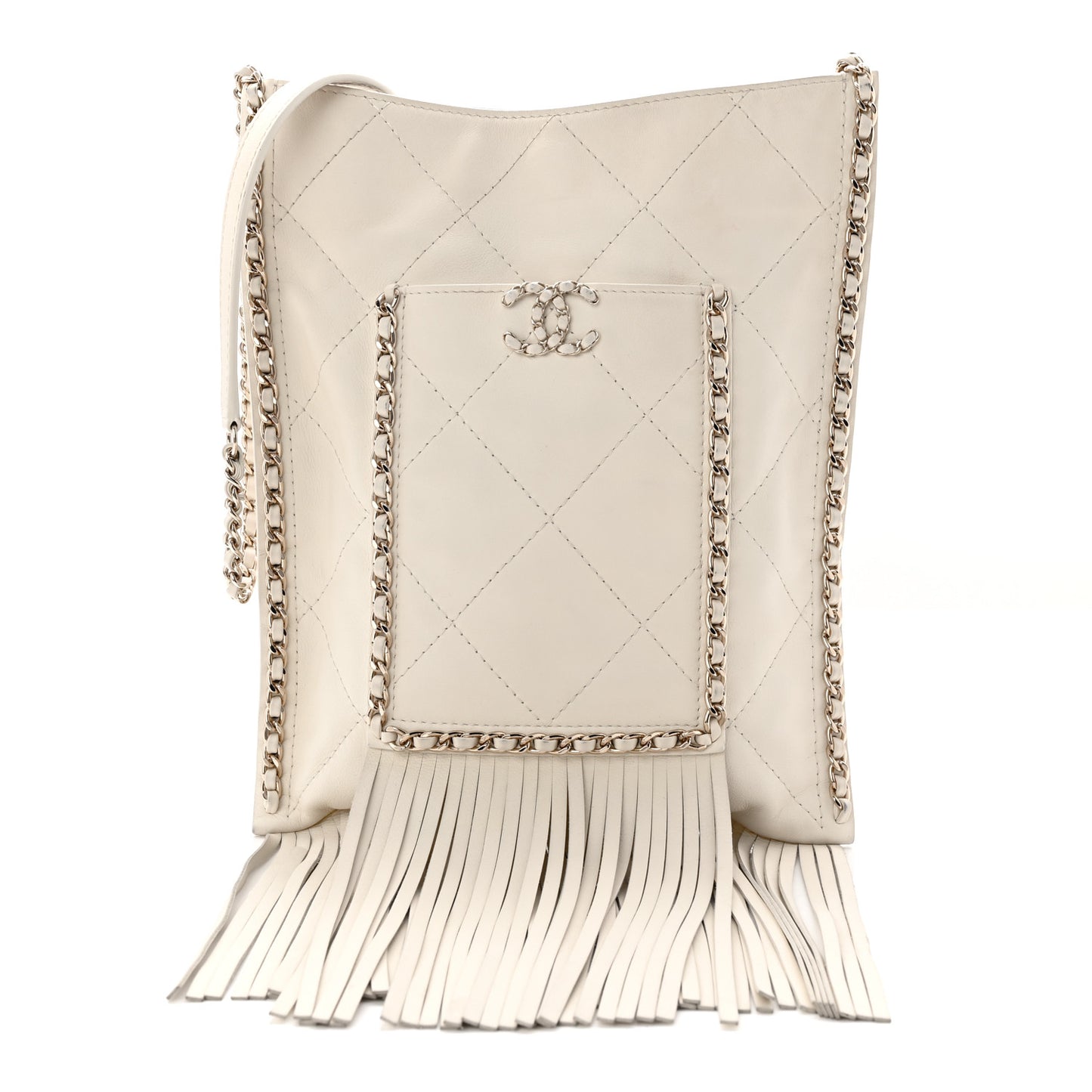 Calfskin Quilted Fringe Small Shopping Bag White