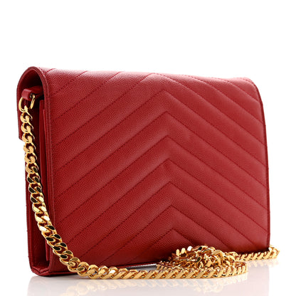 Saint Laurent Grain De Poudre Matelasse Chevron Monogram Chain Wallet Red 3 of 11