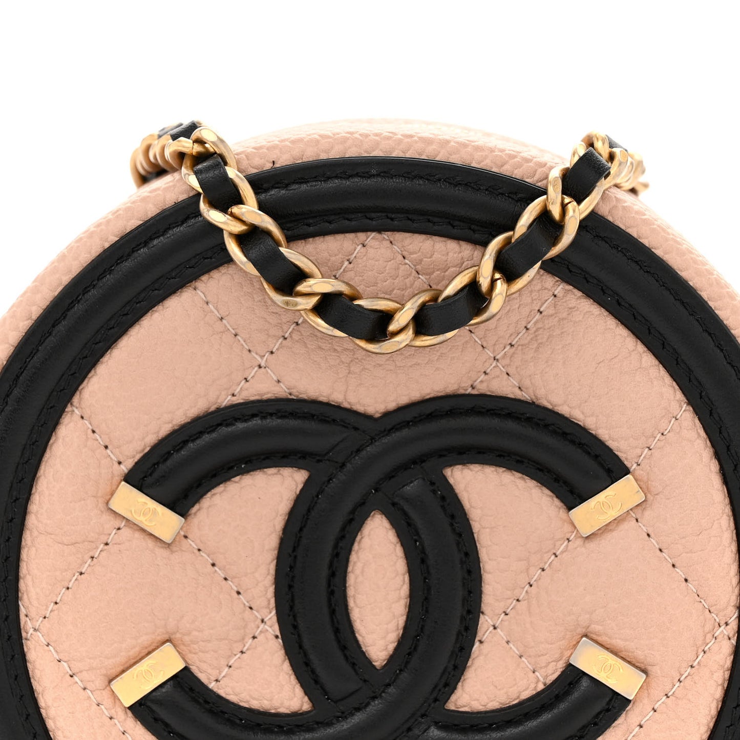 Caviar Quilted Round Filigree Crossbody Beige Black