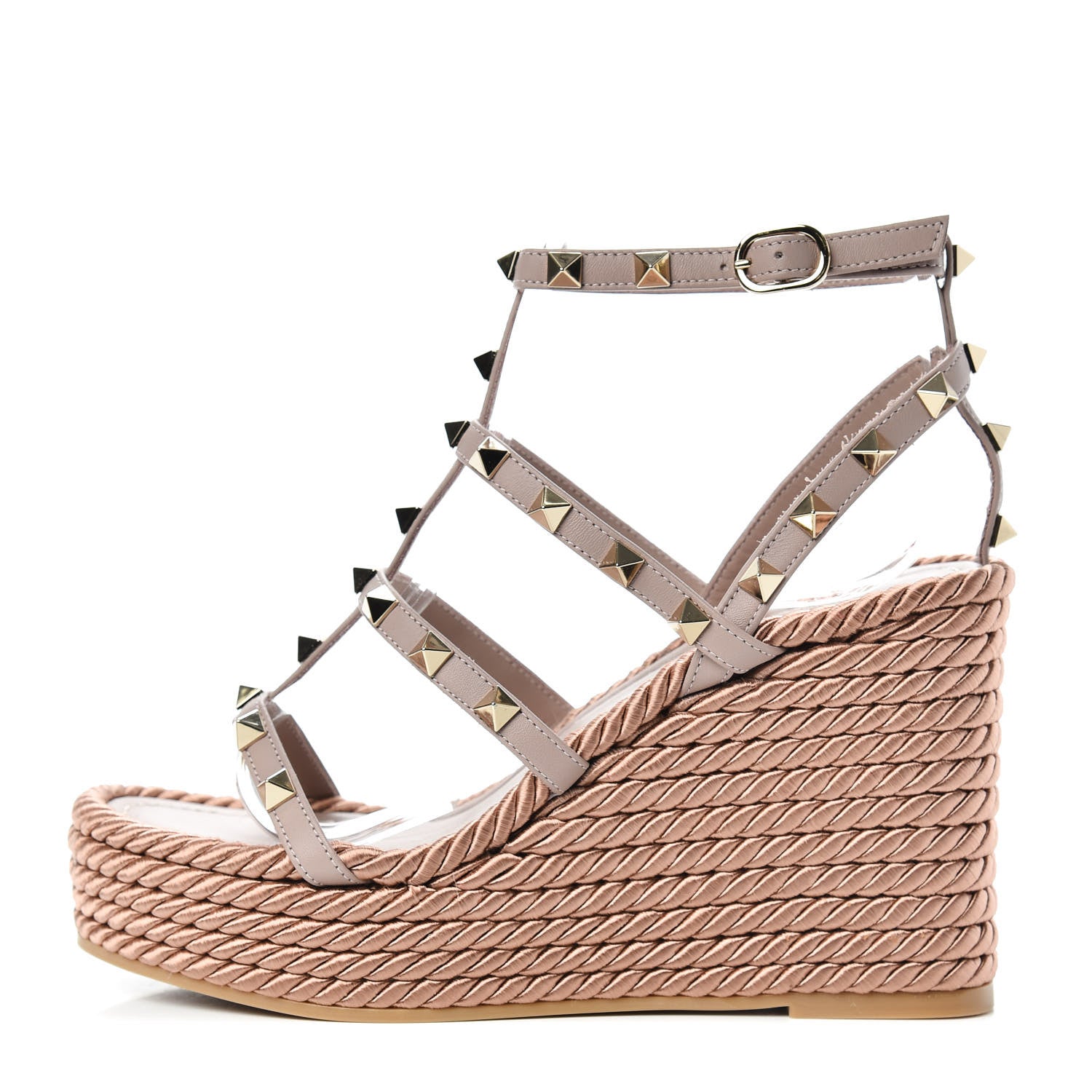 Valentino Garavani Calfskin Rockstud Ankle Strap Torchon Espadrille Caged 25/95mm Wedge Sandals 35 Poudre 1 of 7