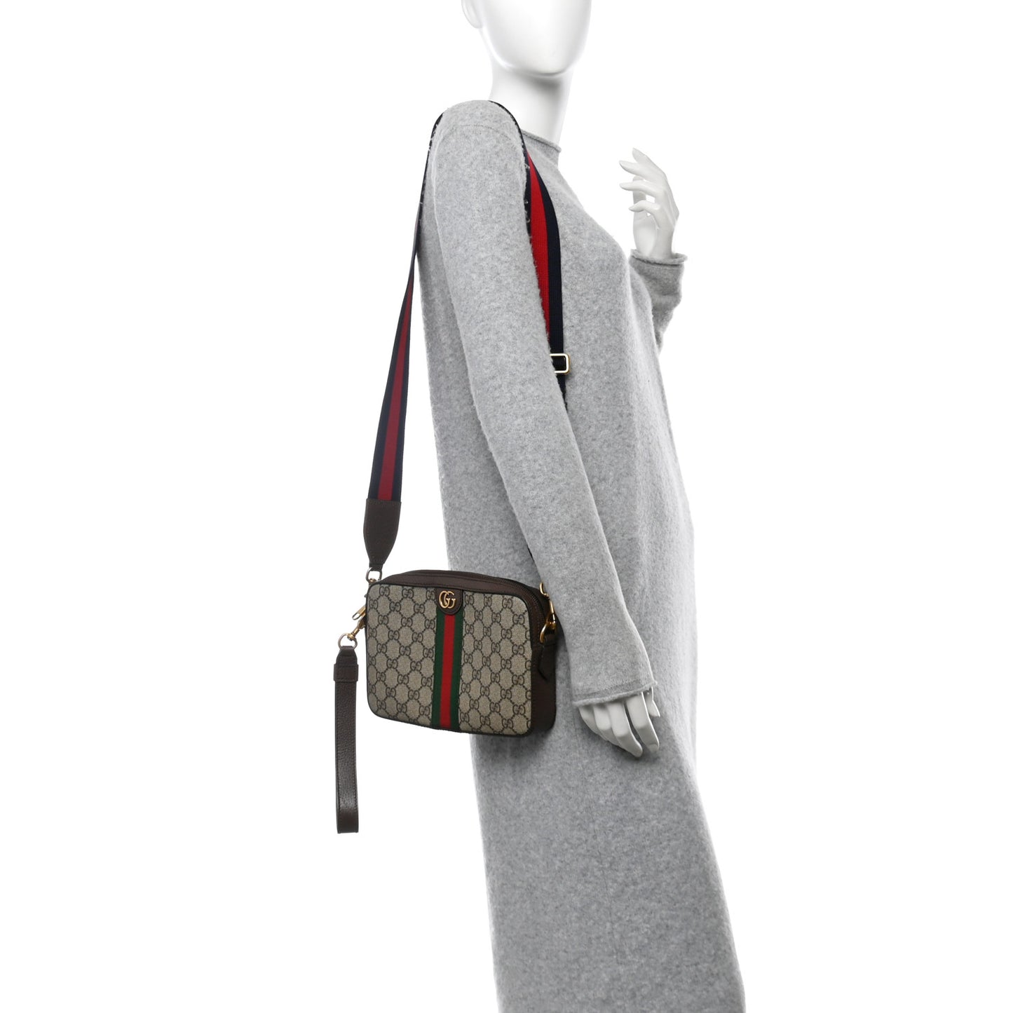 GG Supreme Monogram Textured Dollar Calfskin Web Ophidia Wristlet Shoulder Bag Beige Ebony New Acero