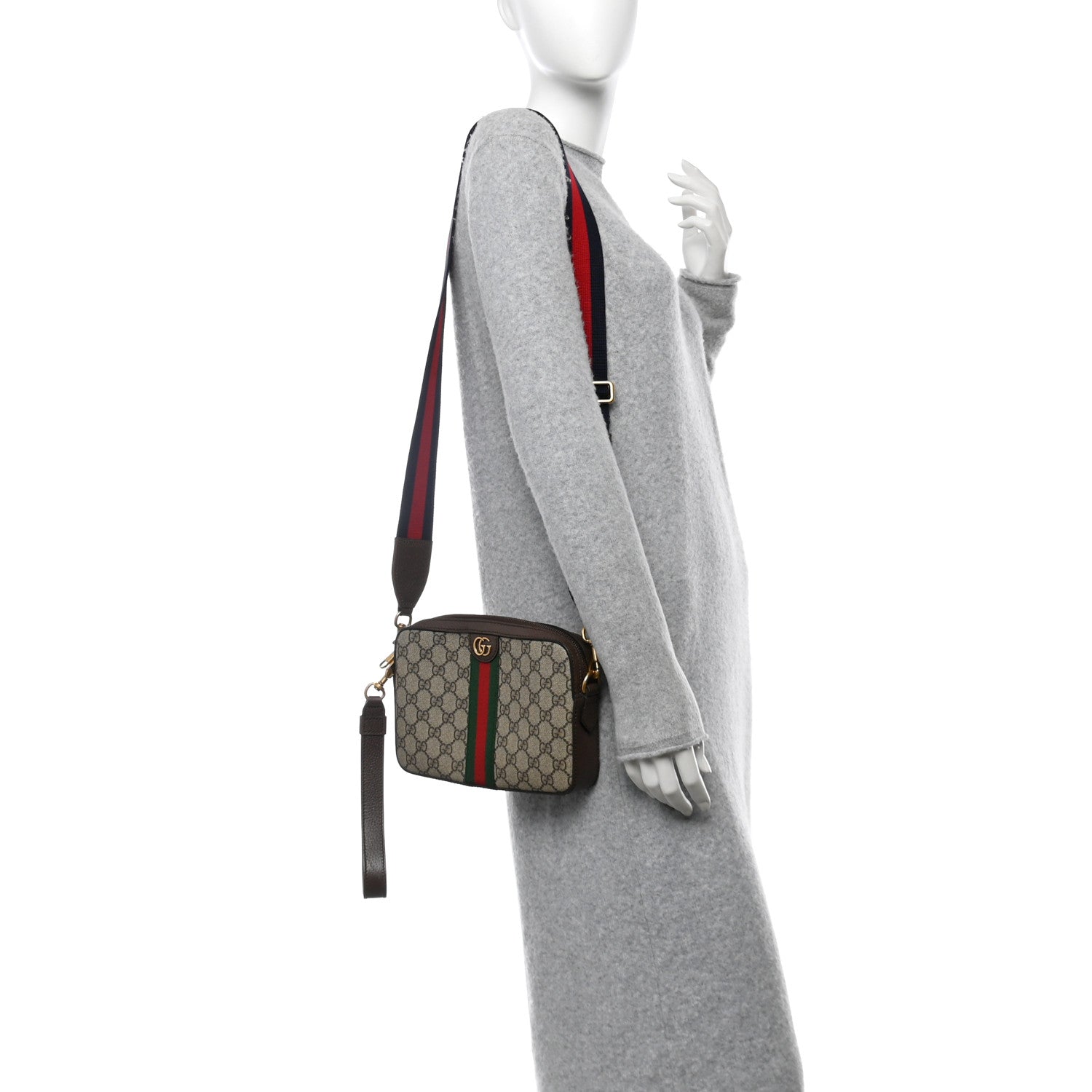 Gucci GG Supreme Monogram Textured Dollar Calfskin Web Ophidia Wristlet Shoulder Bag Beige Ebony New Acero 2 of 11