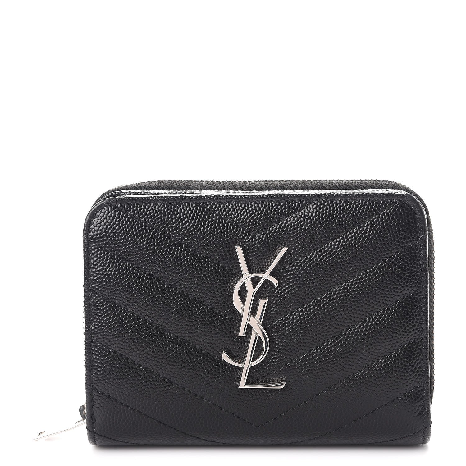 Saint Laurent Grain De Poudre Matelasse Chevron Monogram Compact Zip Around Wallet Black 1 of 9