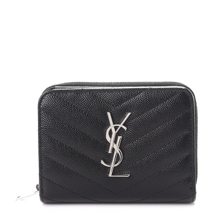 Saint Laurent Grain De Poudre Matelasse Chevron Monogram Compact Zip Around Wallet Black 1 of 9