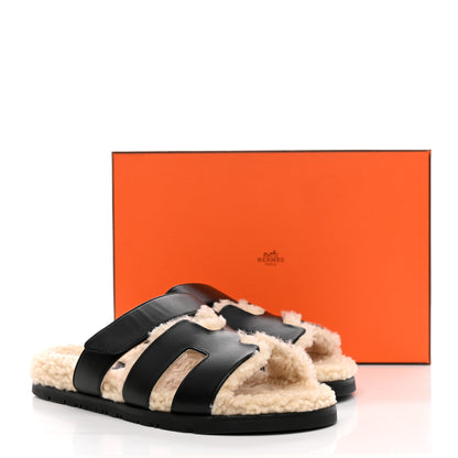 Hermes Calfskin Woolskin Womens Chypre Sandals 39 Black Ecru 10 of 10