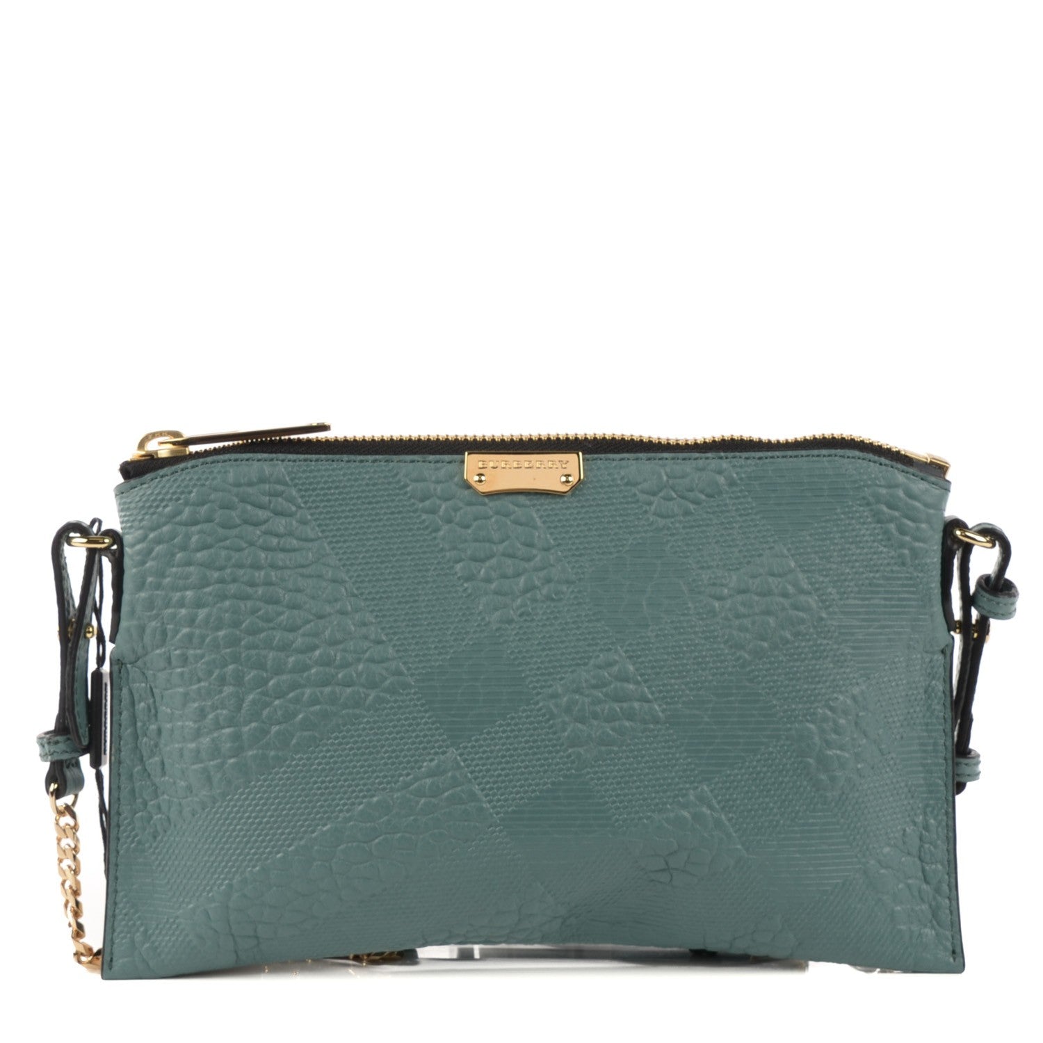 Burberry Signature Grain Calfskin Check Embossed Peyton Crossbody Clutch Bag Celadon Blue 1 of 8