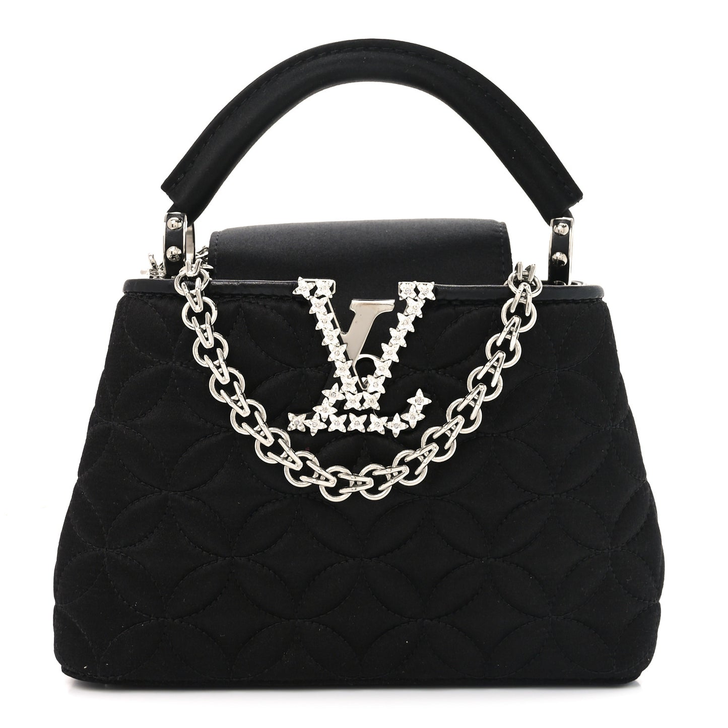 Satin Quilted Flower Crystal Mini Capucines Black