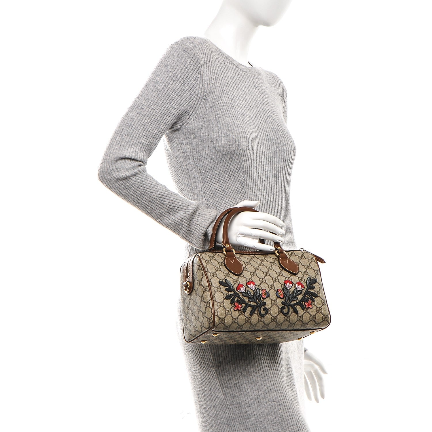 Gucci GG Supreme Monogram Floral Embroidered Small Boston Brown 2 of 7