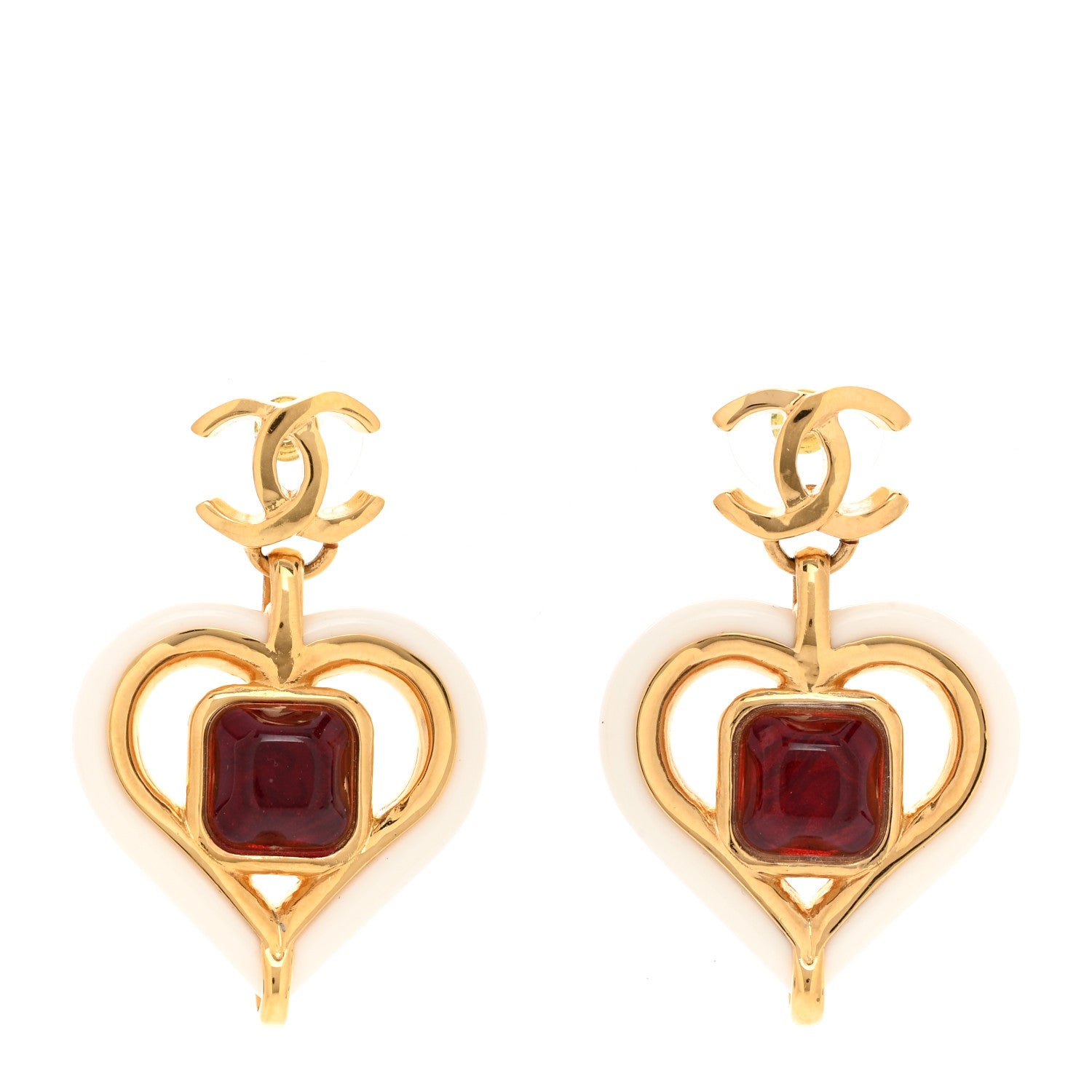 Chanel Resin Heart CC Drop Earrings White Red Gold 1 of 4