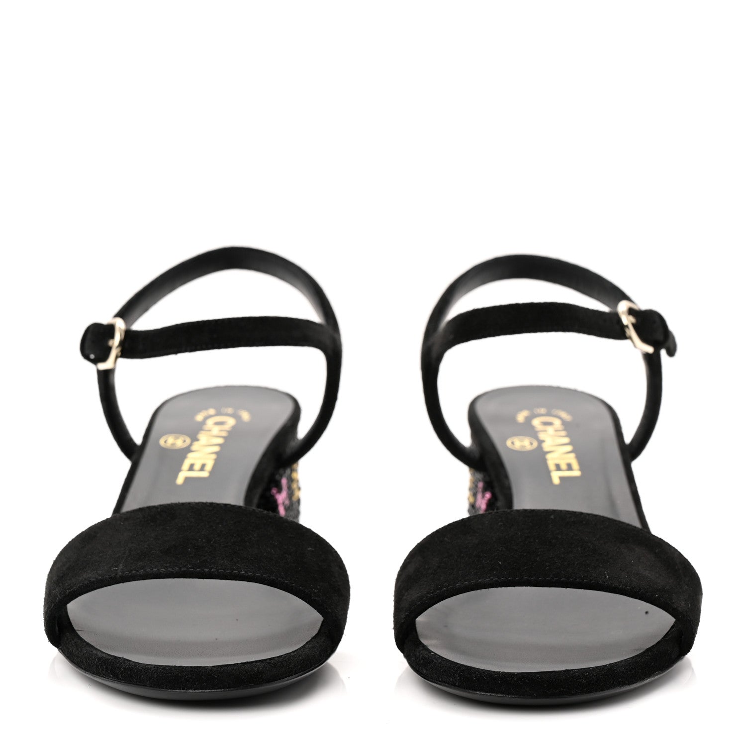Chanel Suede Strass Ankle Strap Sandals 37.5 Black Multicolor 2 of 10
