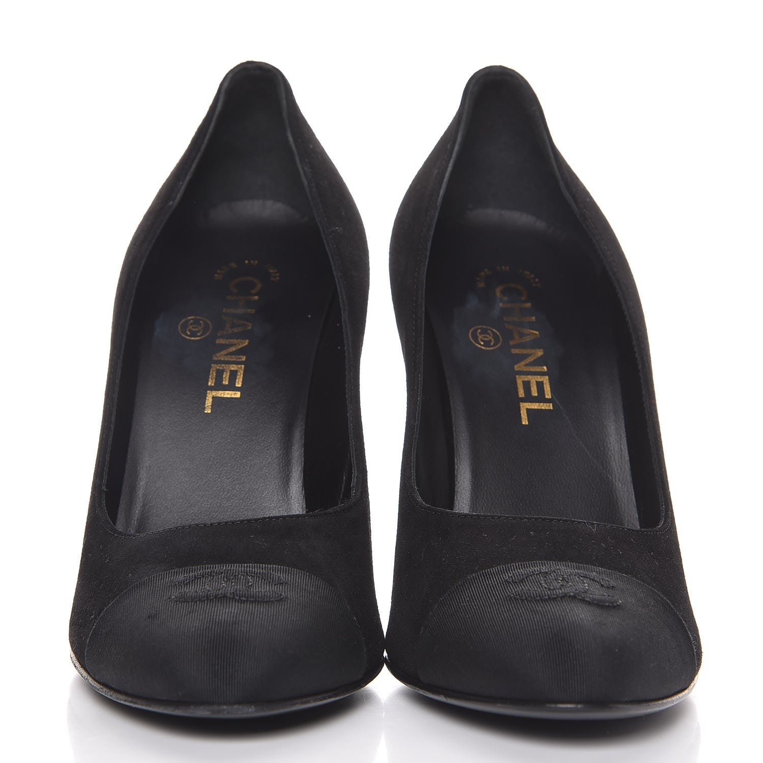Chanel Suede Grosgrain Pearl CC Cap Toe Pump 38.5 Black 2 of 9