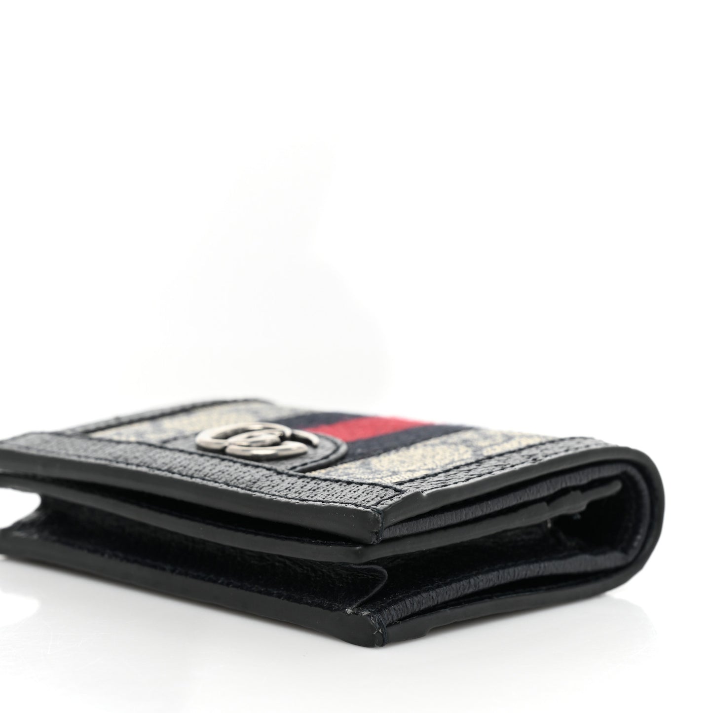GG Supreme Monogram Textured Dollar Calfskin Web Ophidia Card Case Beige Blue
