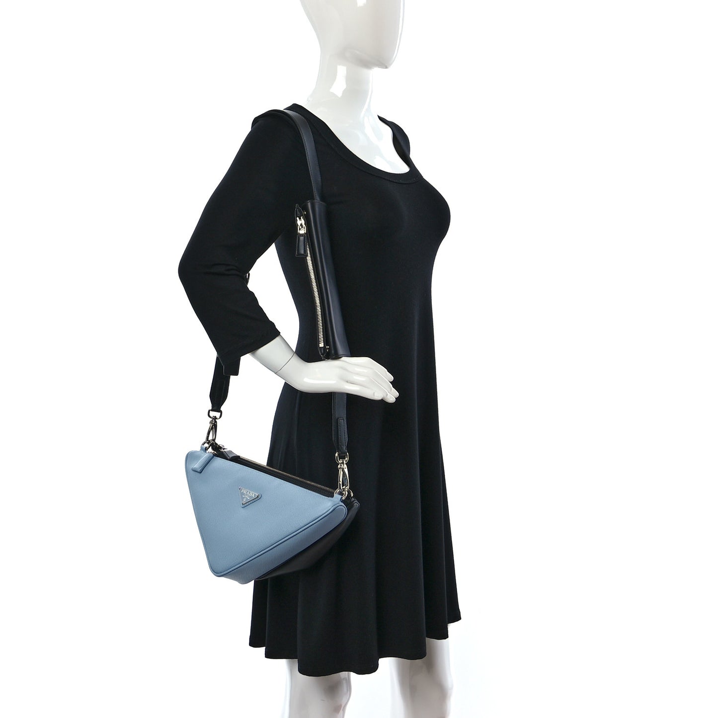 Vitello Saffiano Cuir Double Triangle Shoulder Bag Black Celeste