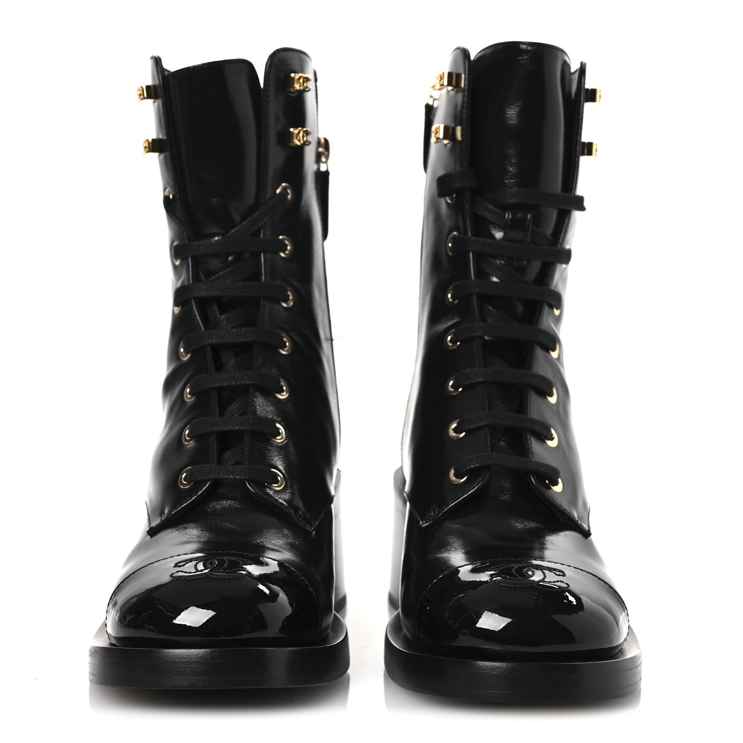 Shiny Calfskin Patent Cap Toe Lace Up Combat Boots 38 Black