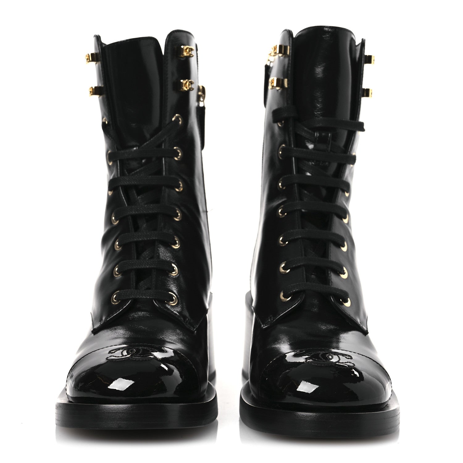 Chanel Shiny Calfskin Patent Cap Toe Lace Up Combat Boots 38 Black 3 of 12