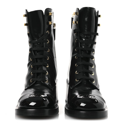 Chanel Shiny Calfskin Patent Cap Toe Lace Up Combat Boots 38 Black 3 of 12