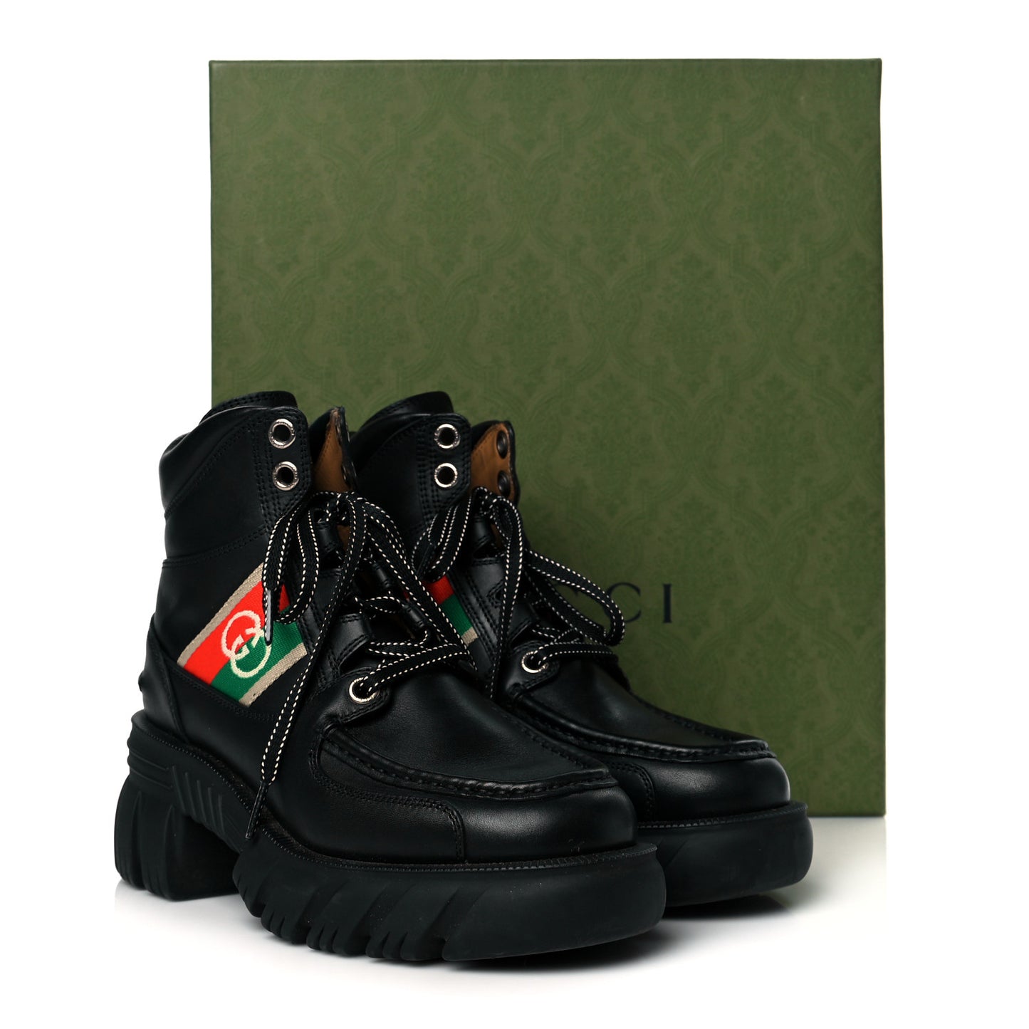 Quebec Calfskin Web Womens Interlocking G Lace Up Combat Boots 37.5 Black Mystic White Green Red