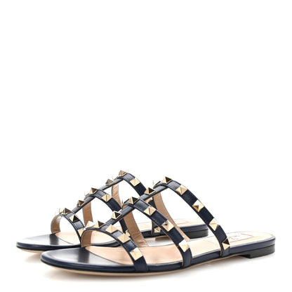 Valentino Garavani Nappa Rockstud Caged Flat Slide Sandals 35 Marine 4 of 10