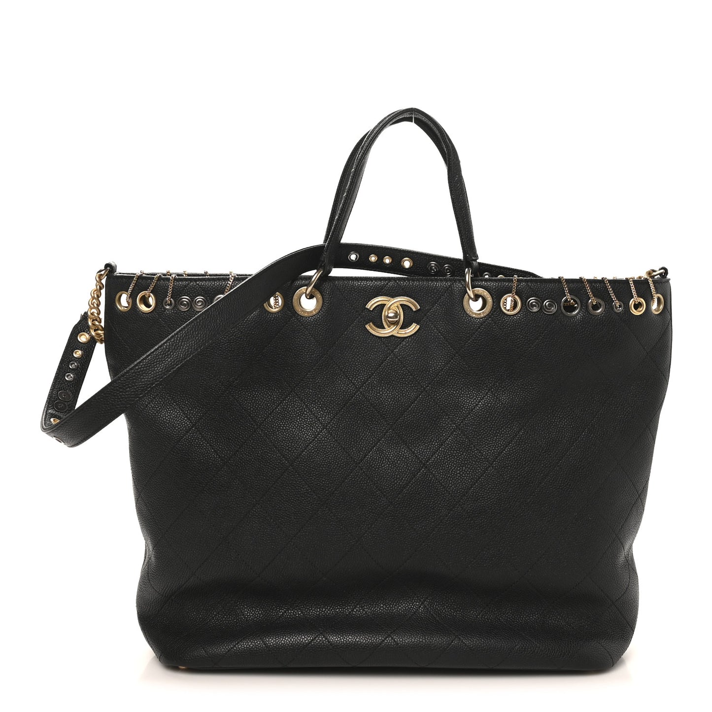 Caviar Quilted Grommet Embellished Piercing Chic Tote Bag Black