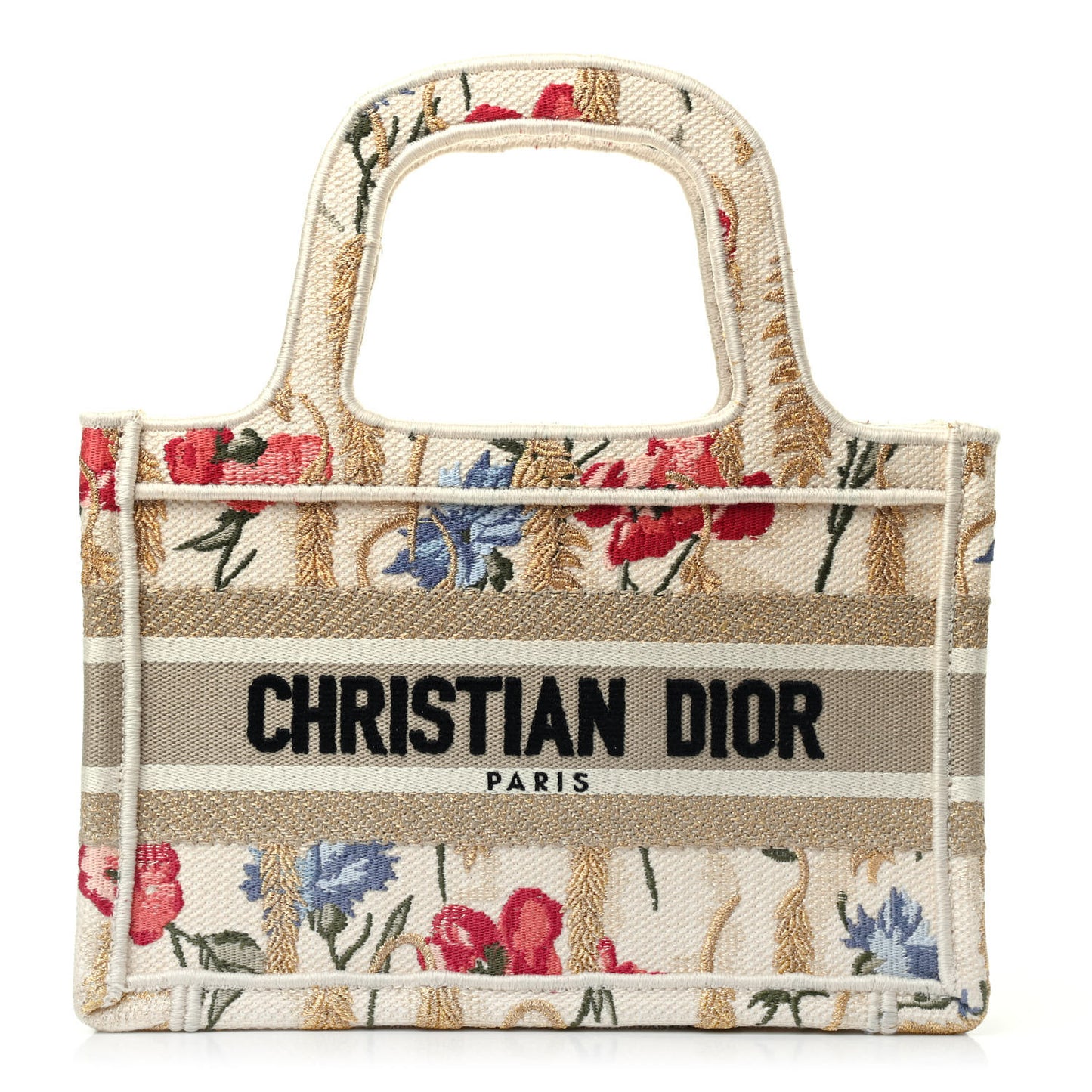 Canvas Embroidered Hibiscus Printed Mini Book Tote Beige Multicolor
