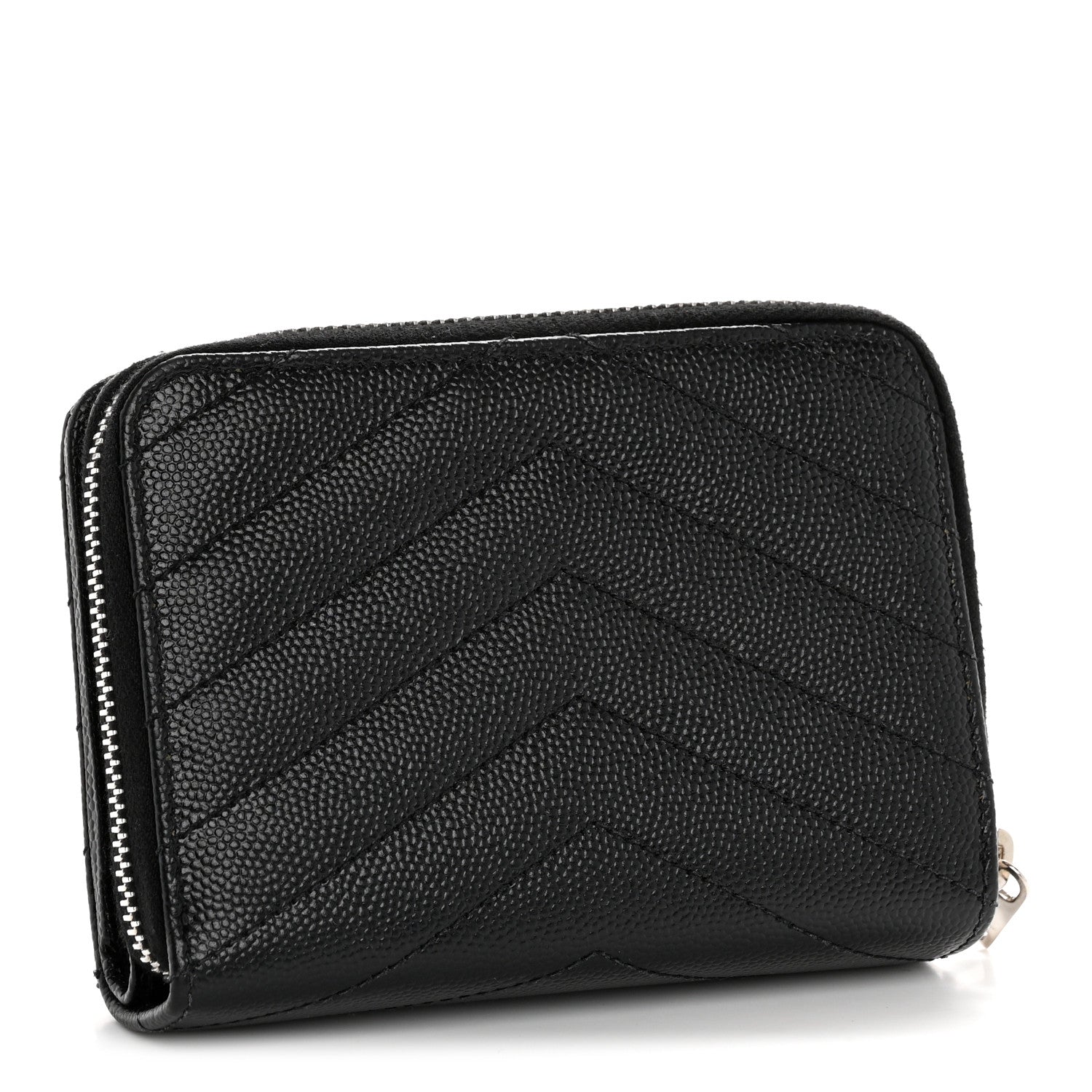 Saint Laurent Grain De Poudre Matelasse Chevron Monogram Compact Zip Around Wallet Black 3 of 11