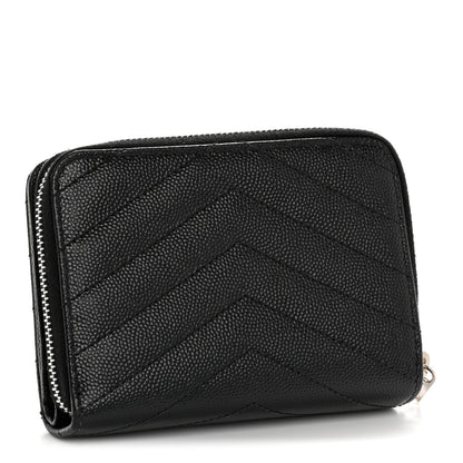 Saint Laurent Grain De Poudre Matelasse Chevron Monogram Compact Zip Around Wallet Black 3 of 11