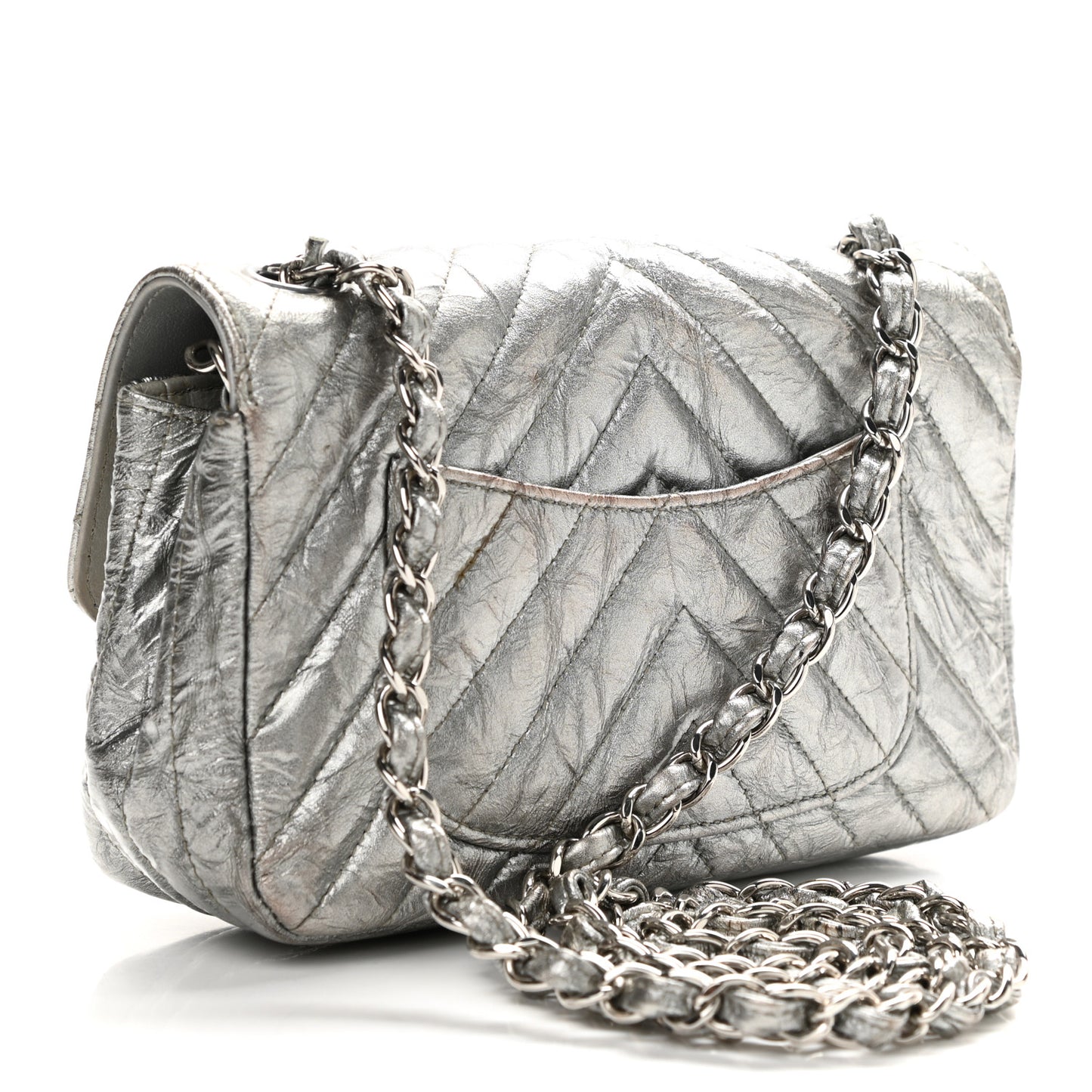Patent Metallic Crumpled Calfskin Chevron Quilted Mini Rectangular Flap Silver
