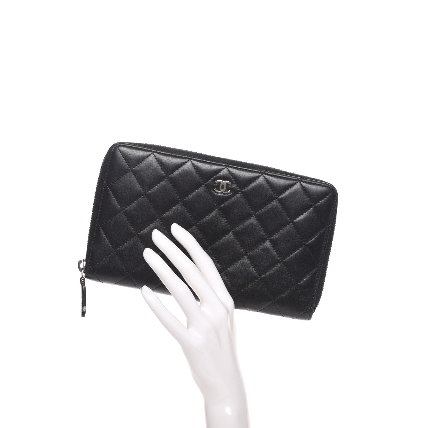 Lambskin Quilted Large Zip Around Organizer Wallet Black