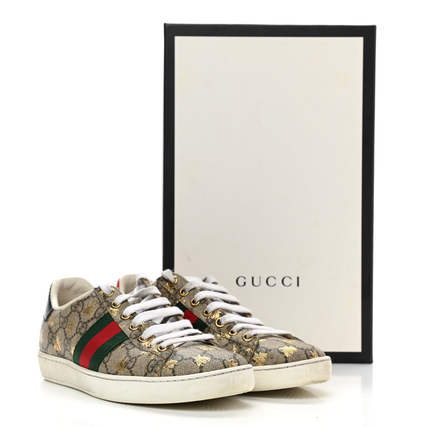 Gucci GG Supreme Monogram Bees Ayers Web Womens Ace Sneakers 35.5 Beige Oro Green Red 15 of 15