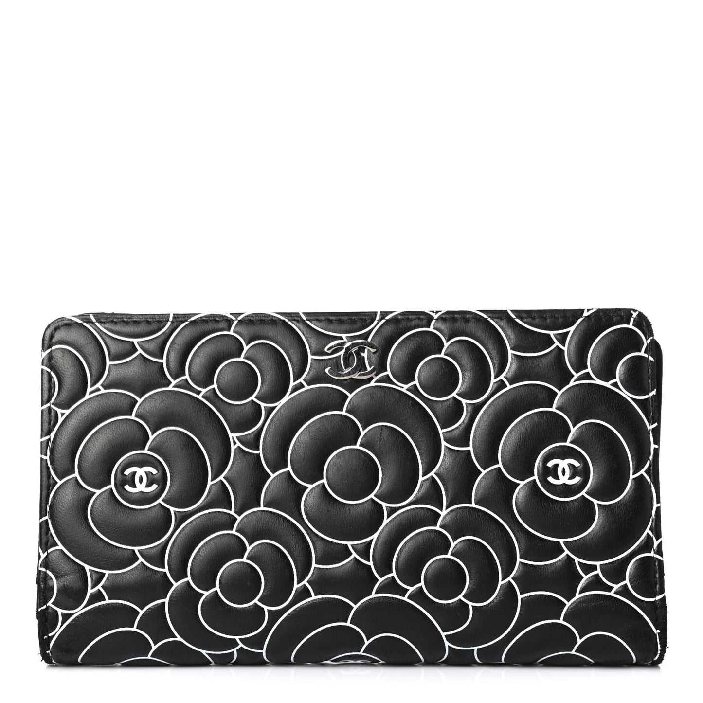 Lambskin Camellia Embossed Yen Wallet Black