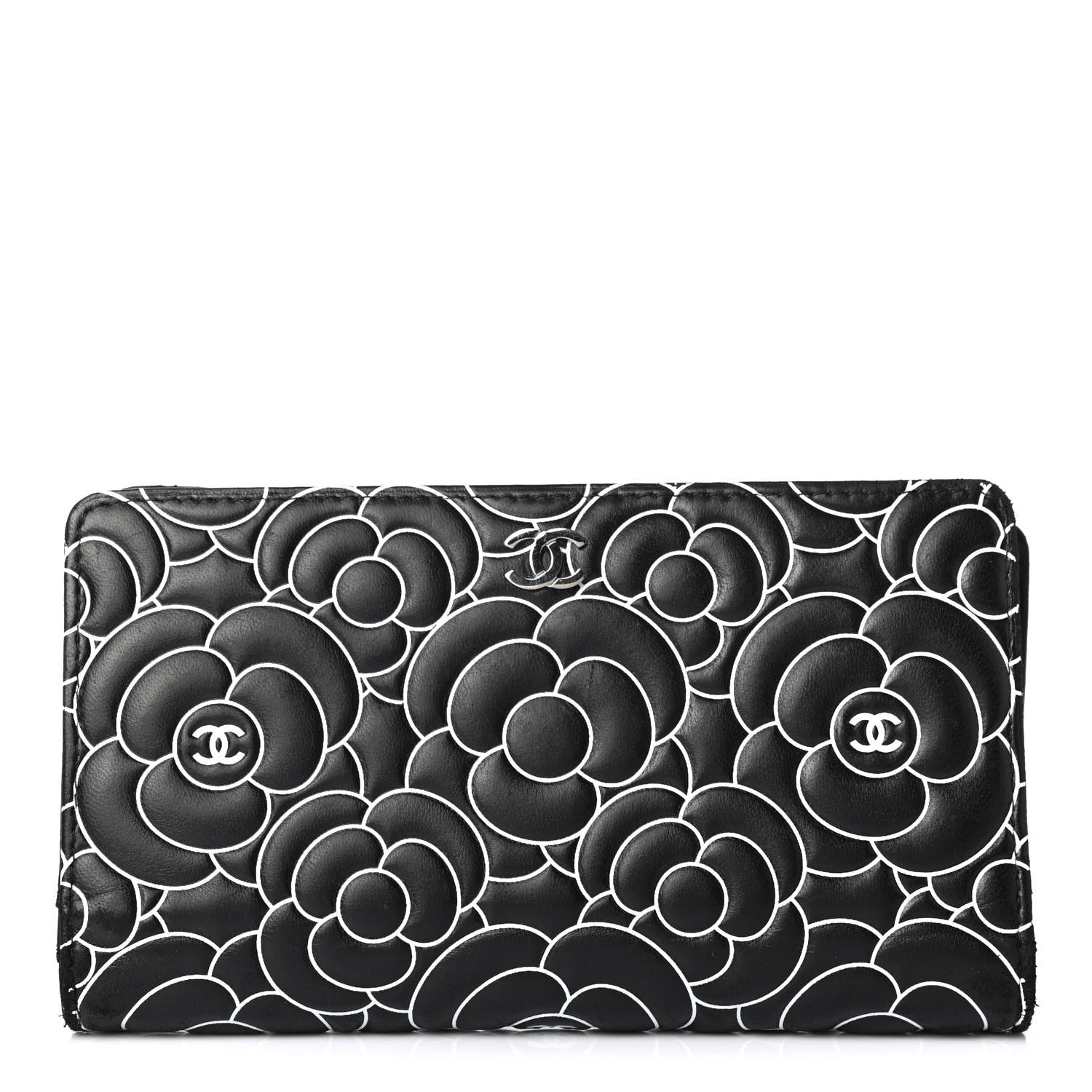 Chanel Lambskin Camellia Embossed Yen Wallet Black 1 of 4