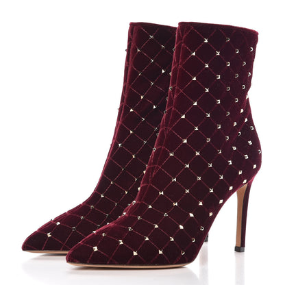 Valentino Garavani Velvet Rockstud Spike Court Ankle Booties 38 Rubino 3 of 8