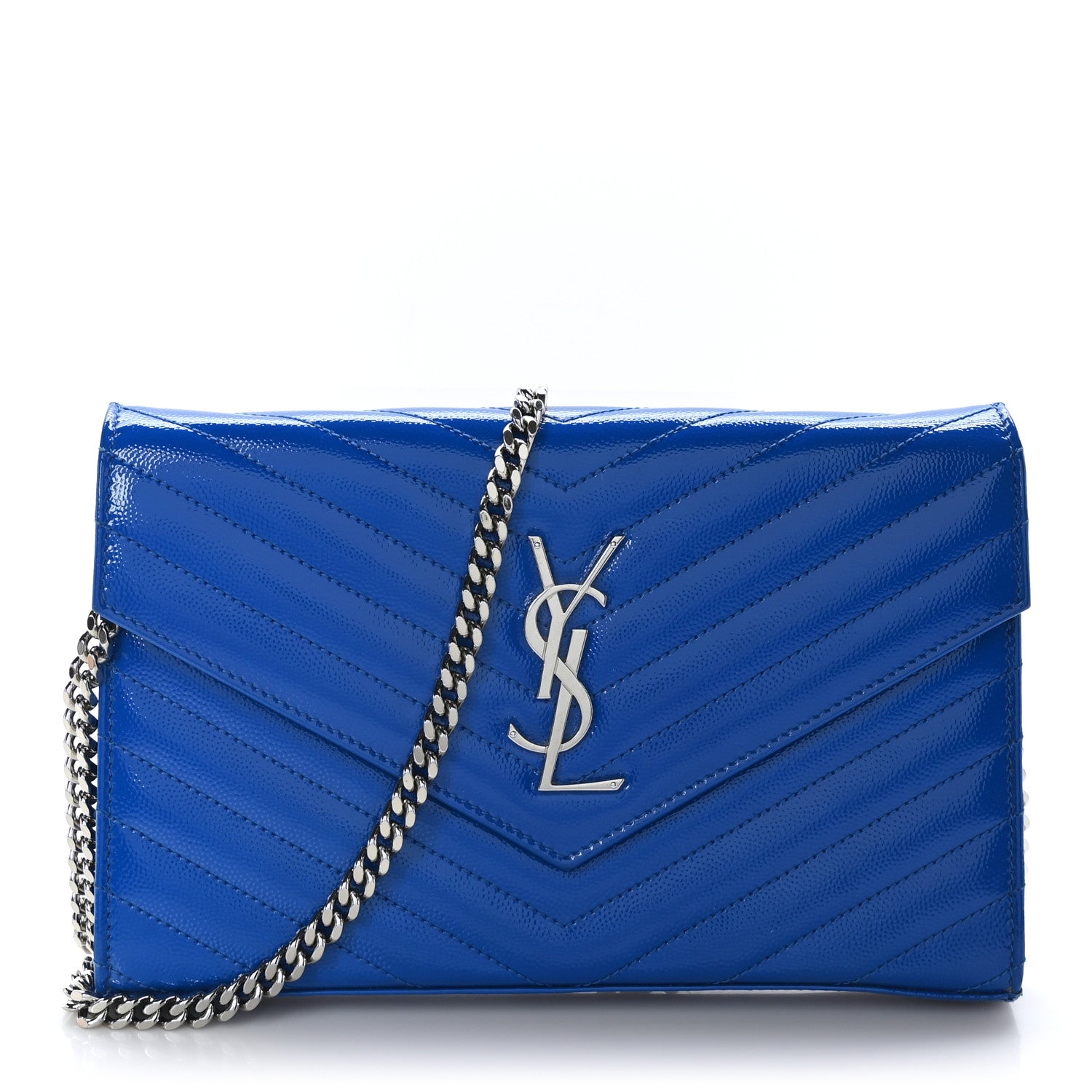 Saint Laurent Patent Grain De Poudre Matelasse Chevron Monogram Chain Wallet Blue Majorelle 1 of 10