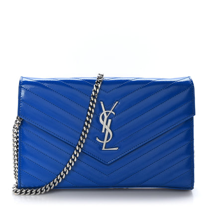 Saint Laurent Patent Grain De Poudre Matelasse Chevron Monogram Chain Wallet Blue Majorelle 1 of 10